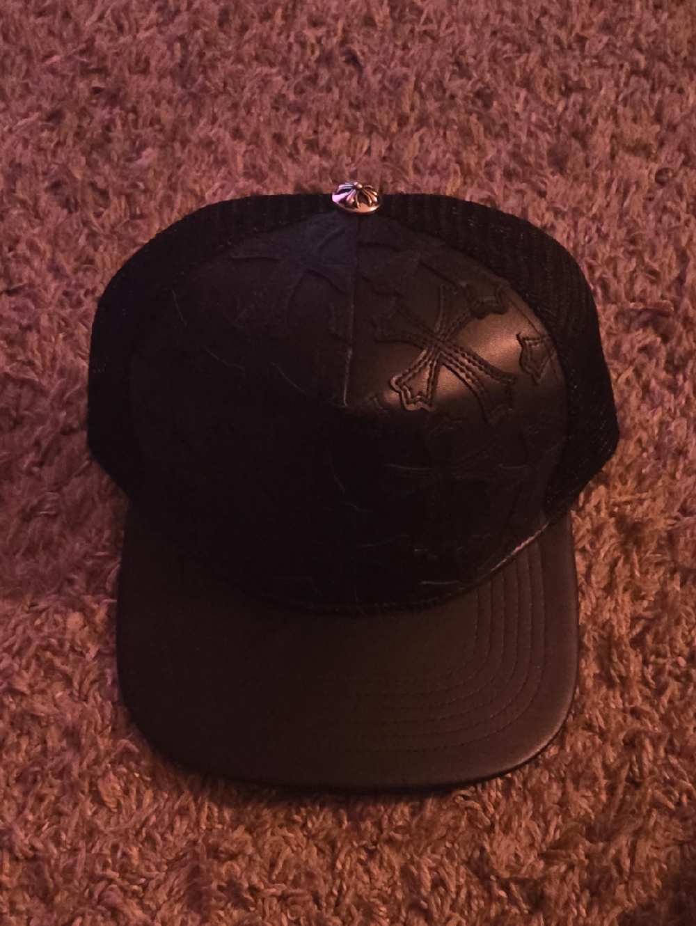 Chrome Hearts Black Leather-Panel Trucker Cap - Men's Accessory